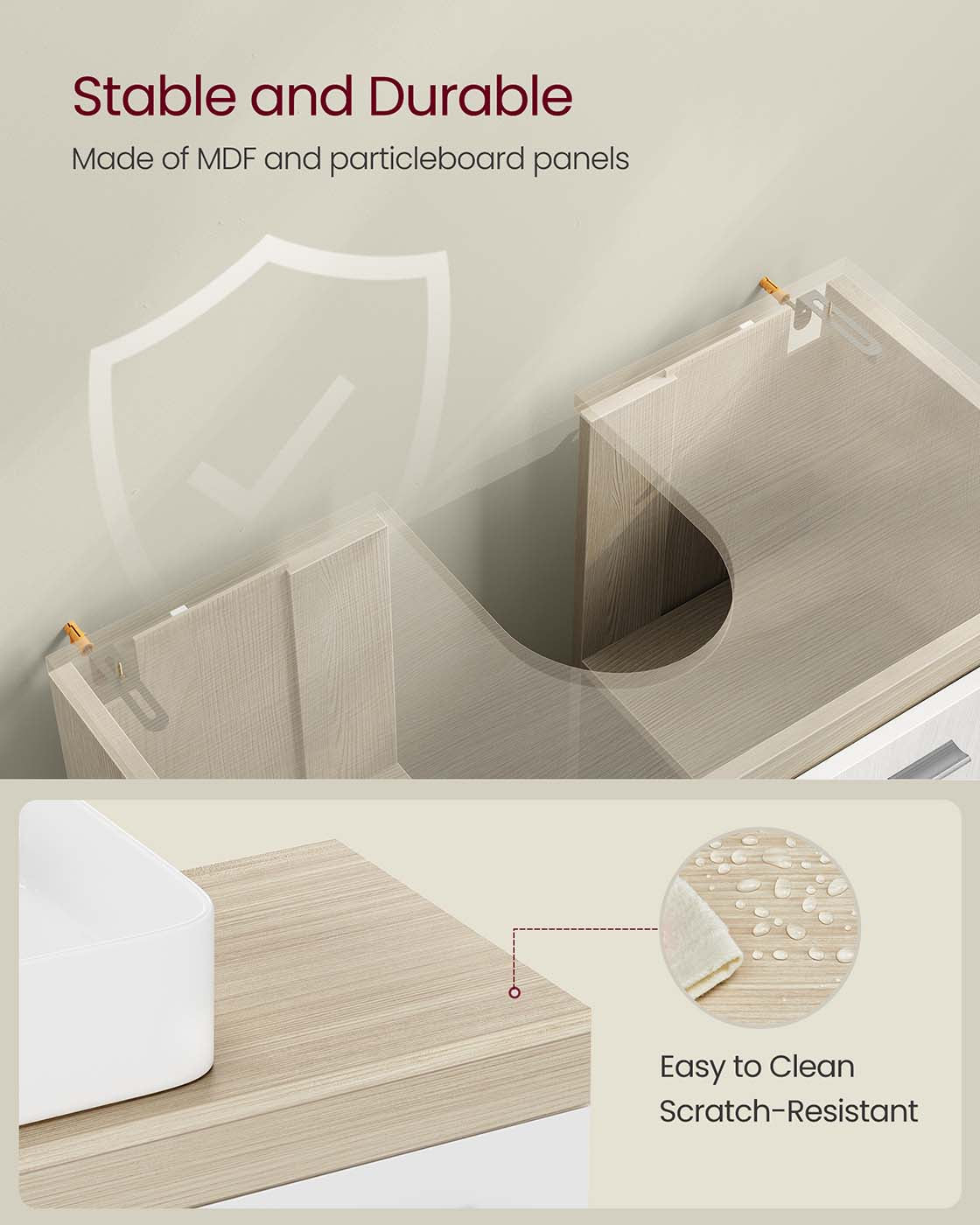 Under Sink Bathroom Cabinet - MDF - Natural Beige - Two Storage Compartments