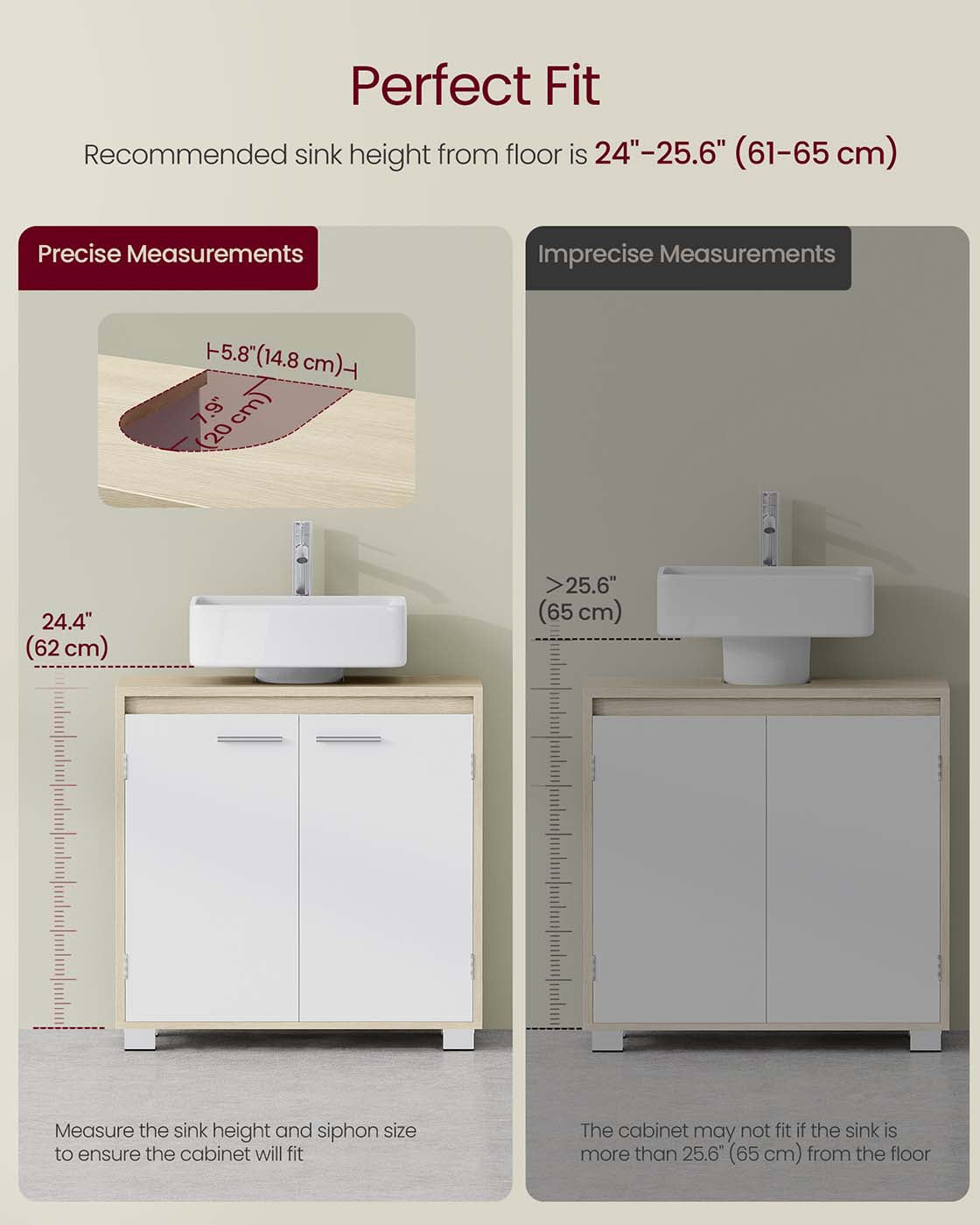 Under Sink Bathroom Cabinet - MDF - Natural Beige - Two Storage Compartments