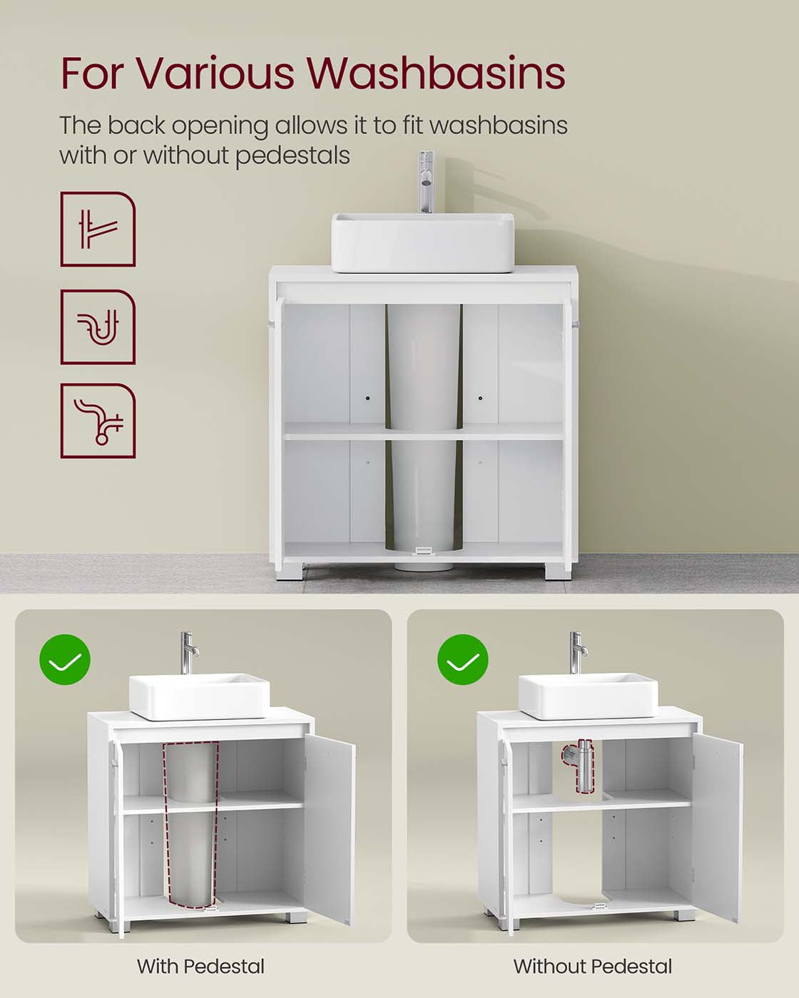 Under Sink Bathroom Cabinet - 2 Storage Compartments - Engineered Wood - Cloud White