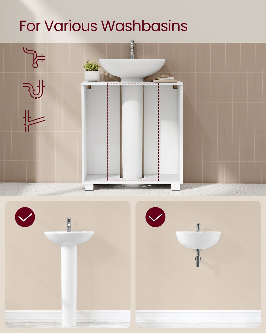 Under Sink Bathroom Cabinet - 30L - MDF - 2 Drawers
