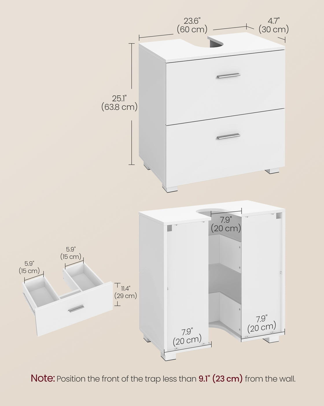 Under Sink Bathroom Cabinet - 30L - MDF - 2 Drawers
