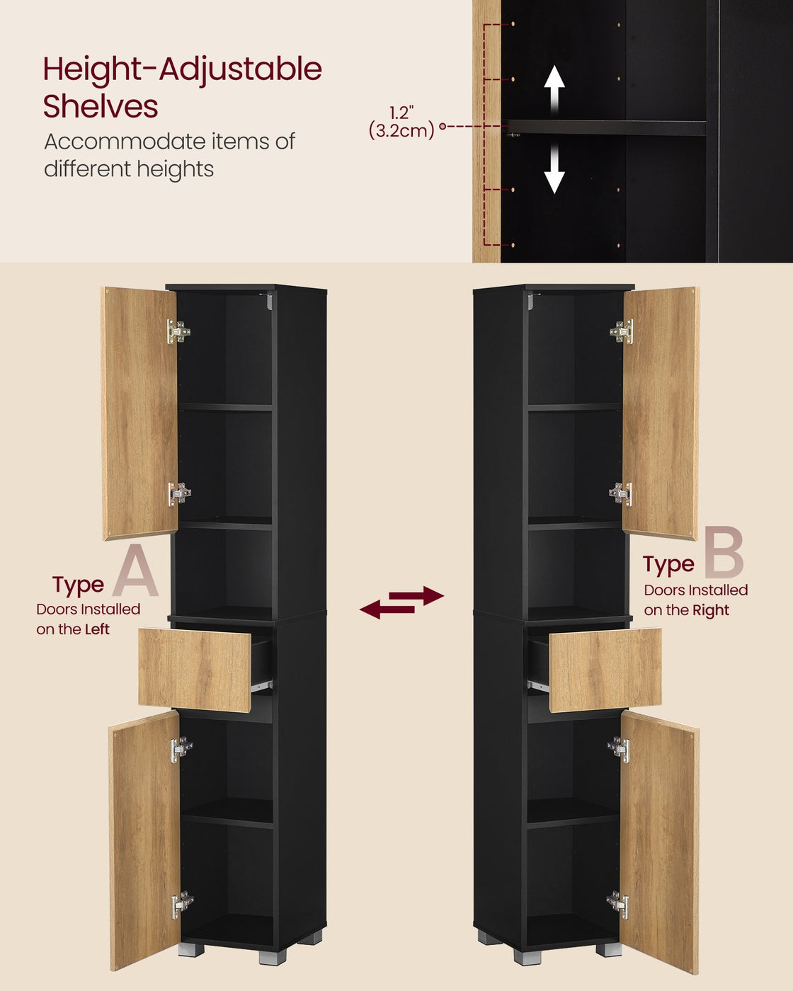 Tall Bathroom Cabinet - 30L - MDF - With Drawer
