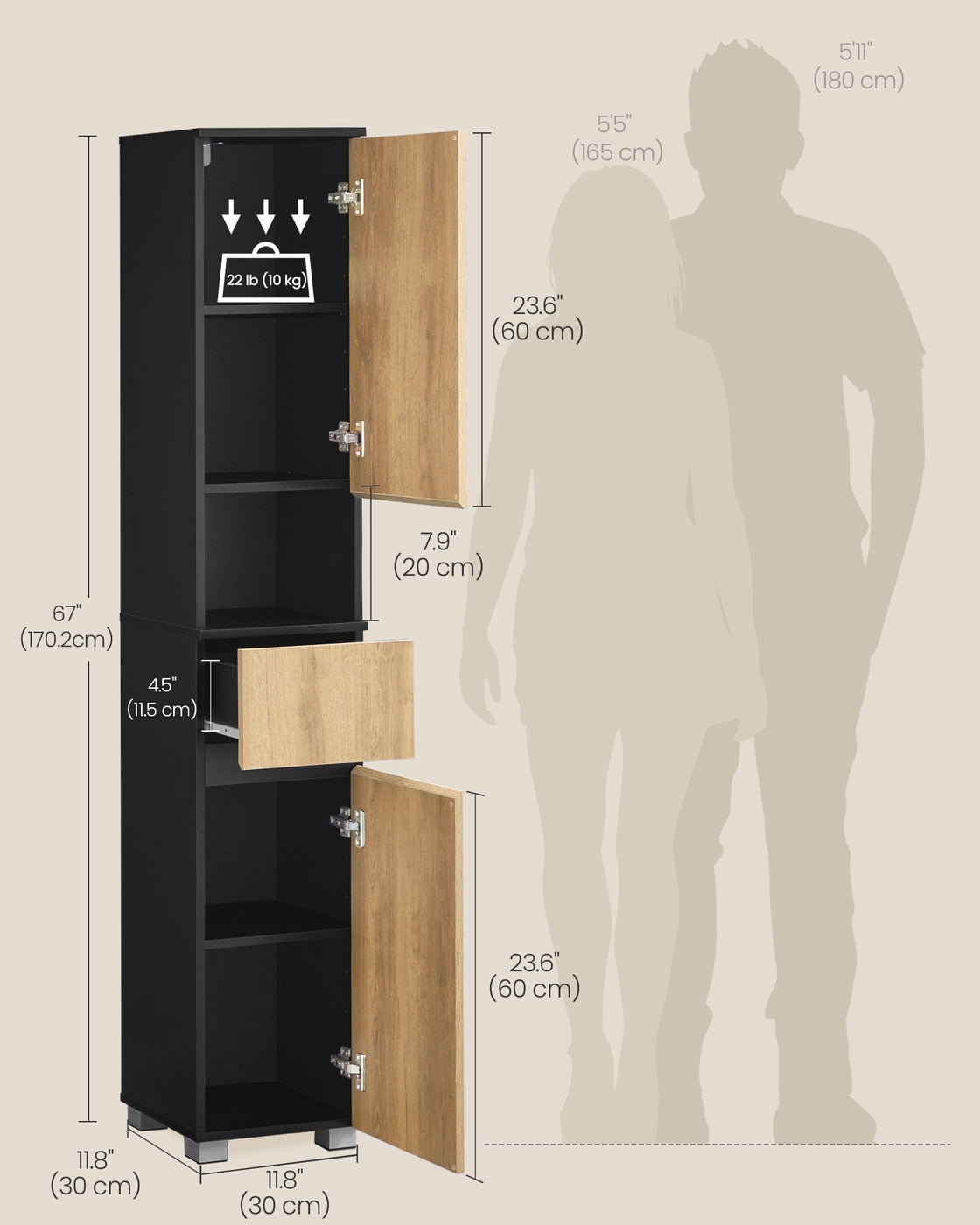 Tall Bathroom Cabinet - 30L - MDF - With Drawer