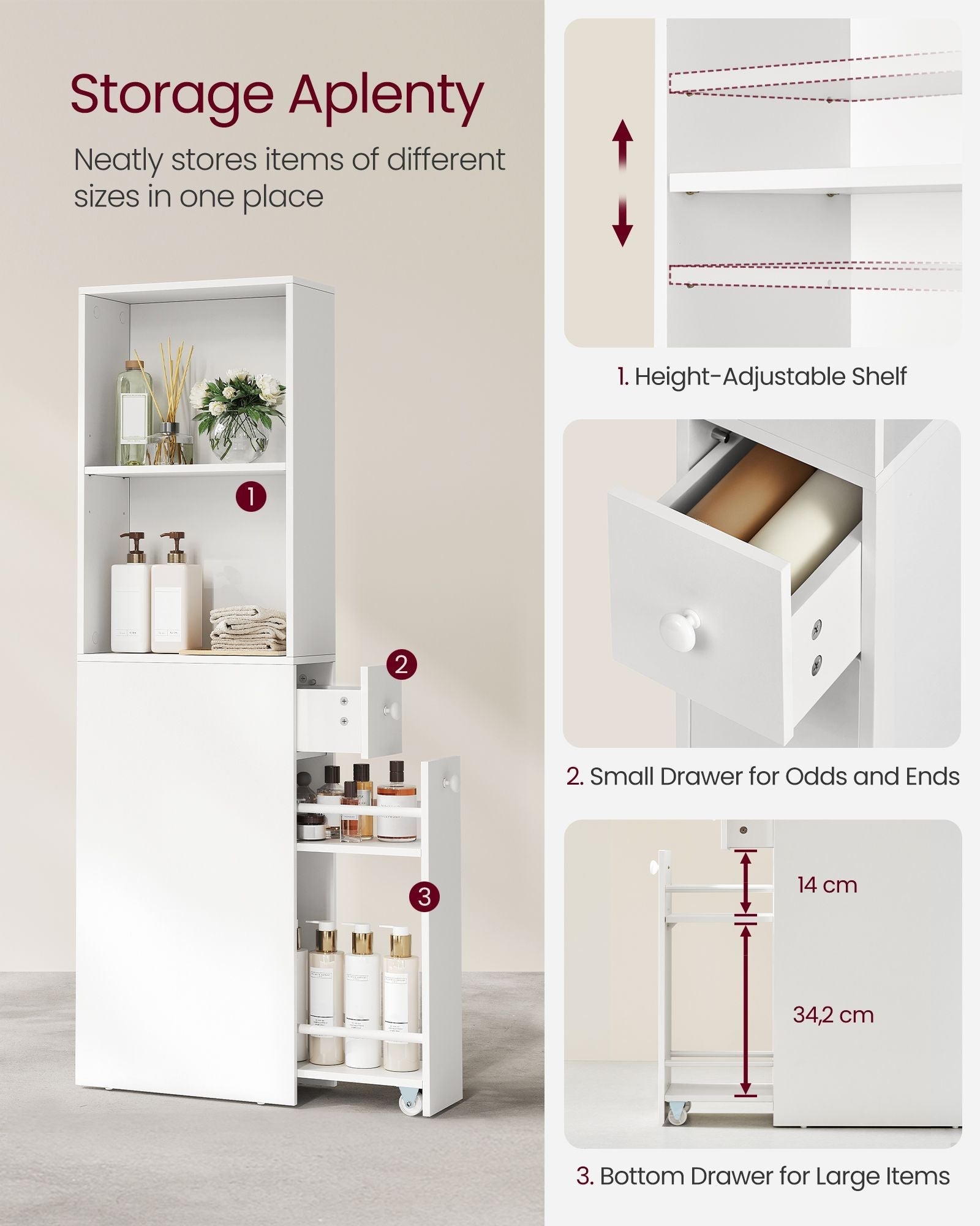 Tall Bathroom Cabinet - Wood - Classic White - Freestanding Slim Storage with Drawers and Adjustable Shelf