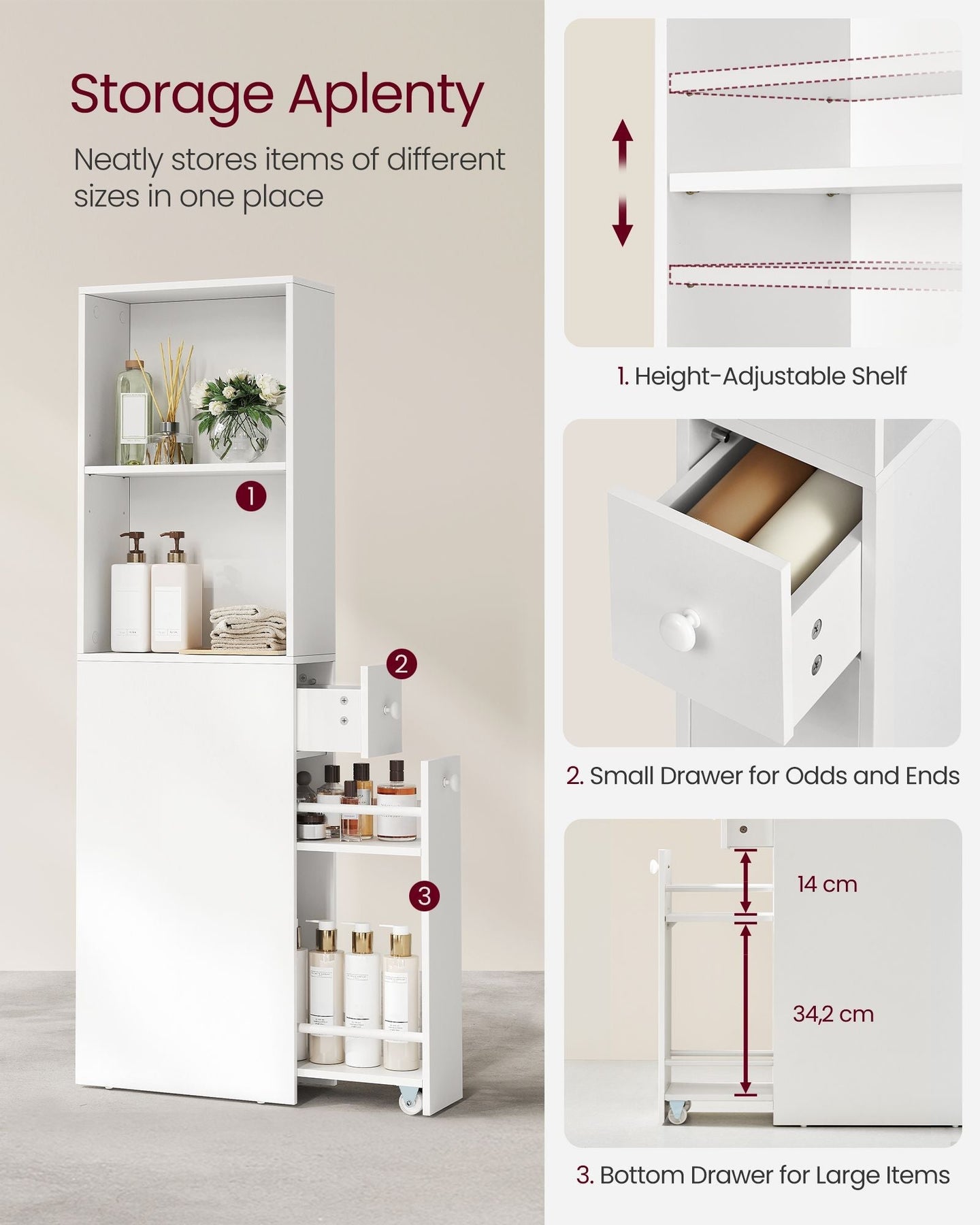 Tall Bathroom Cabinet - Wood - Classic White - Freestanding Slim Storage with Drawers and Adjustable Shelf
