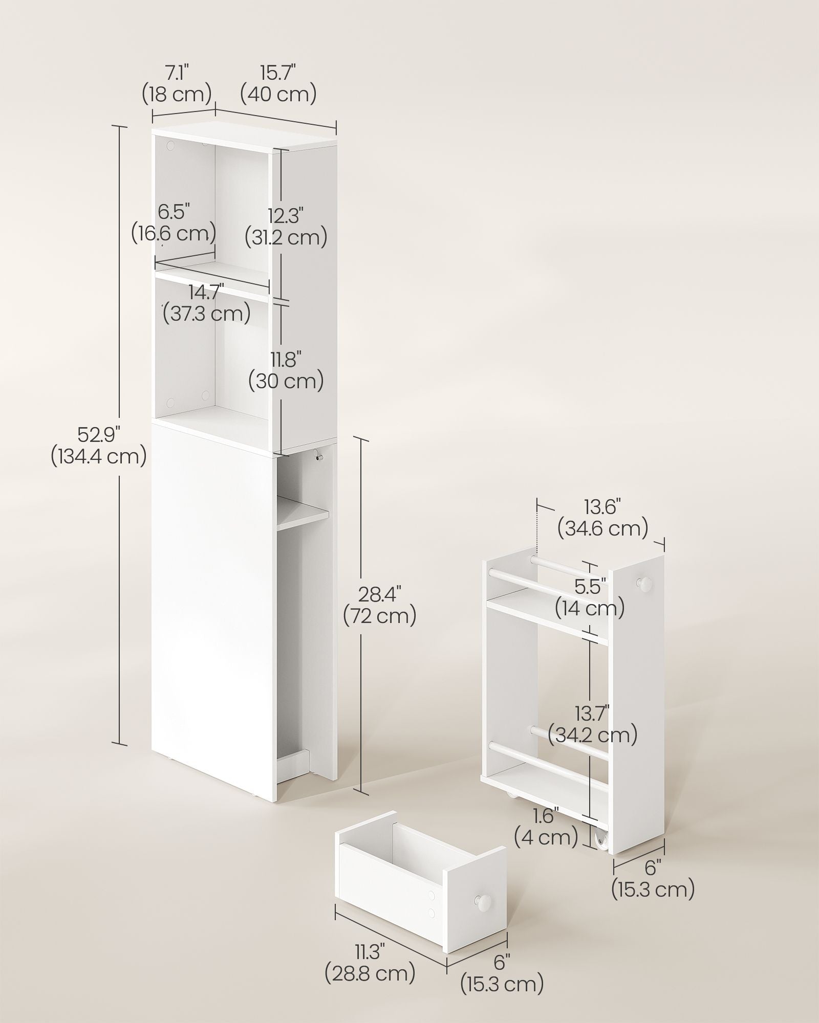 Tall Bathroom Cabinet - Wood - Classic White - Freestanding Slim Storage with Drawers and Adjustable Shelf
