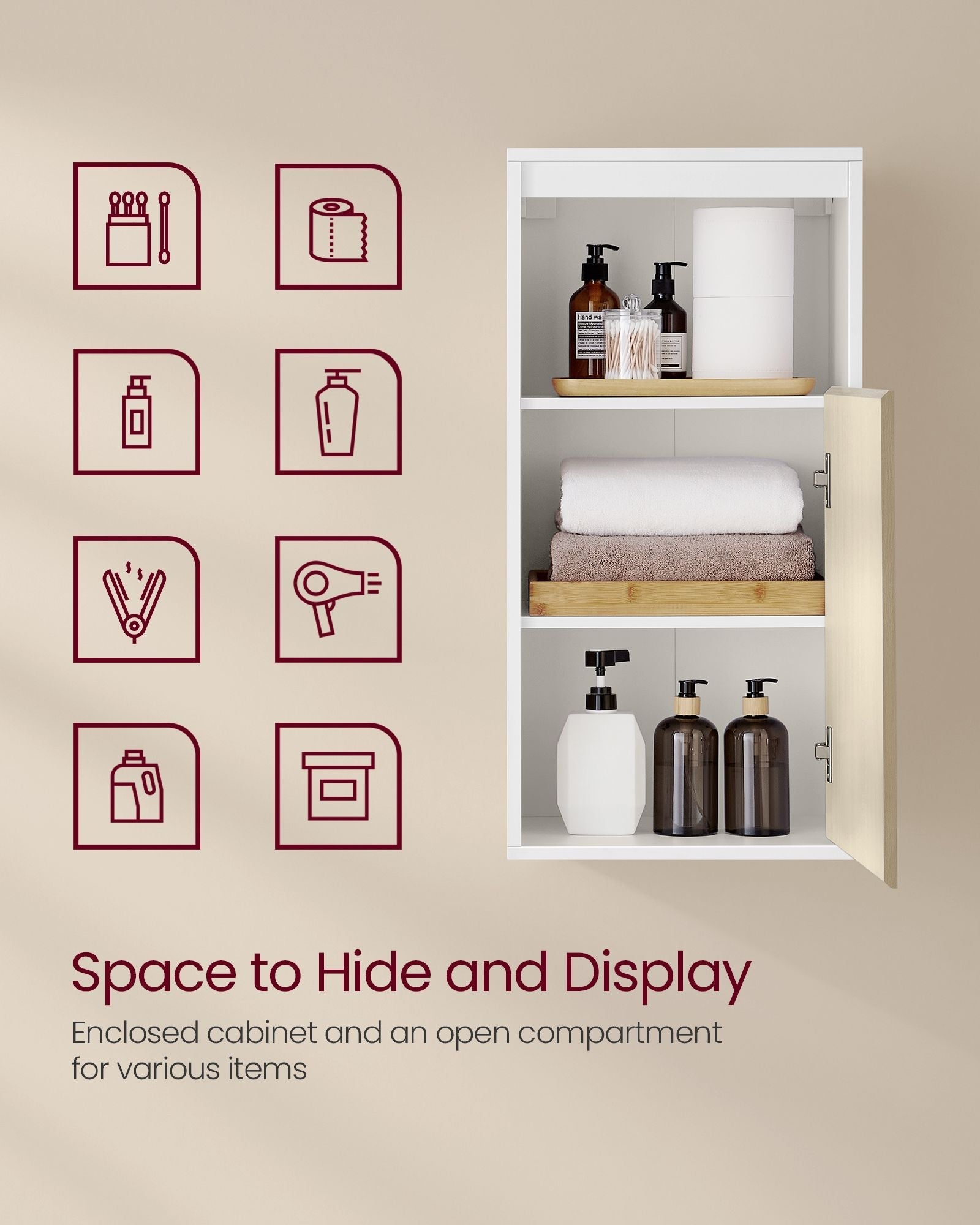 Wall-Mounted Bathroom Cabinet - MDF - Cloud White - Adjustable Door Swing Direction and Shelf