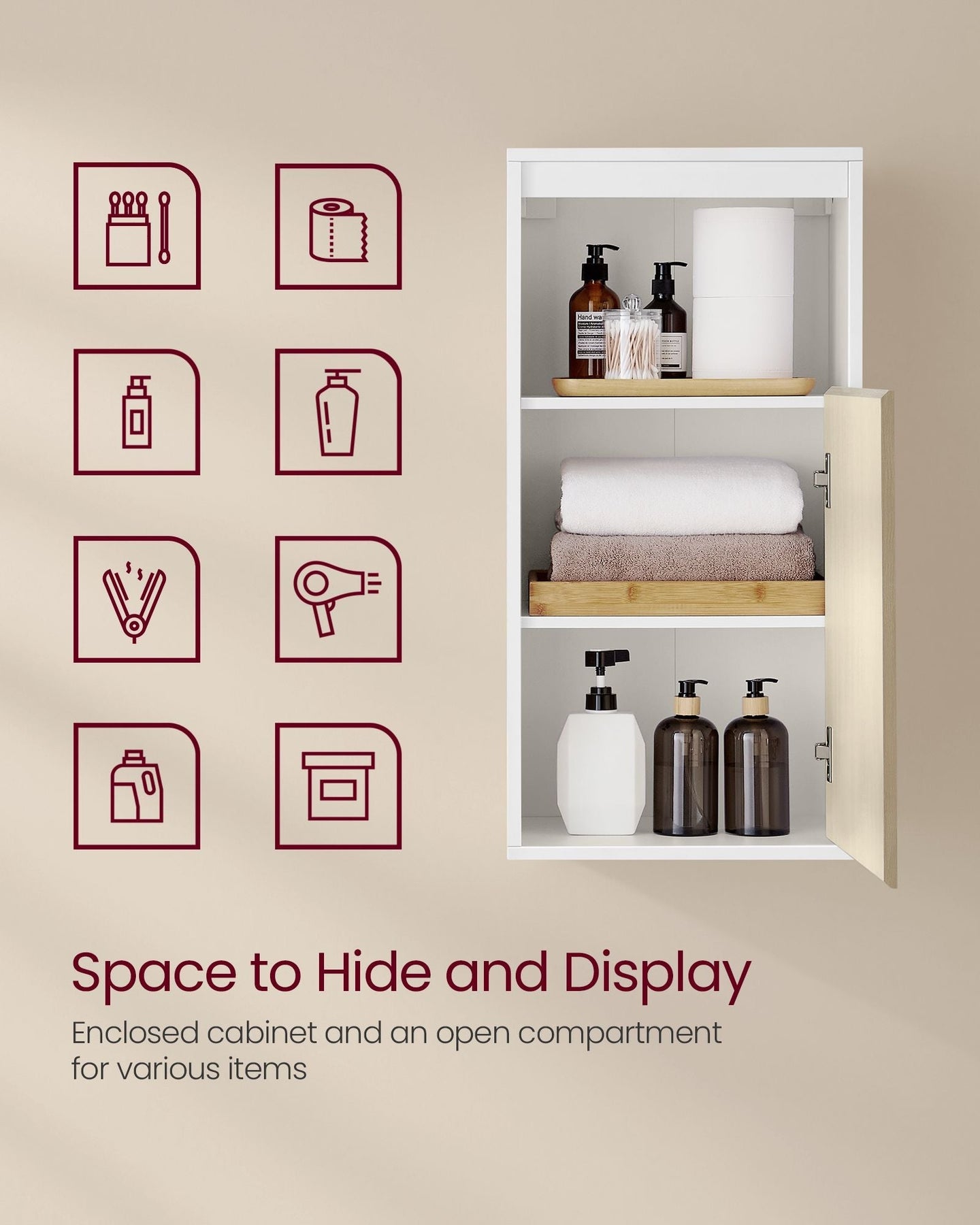 Wall-Mounted Bathroom Cabinet - MDF - Cloud White - Adjustable Door Swing Direction and Shelf
