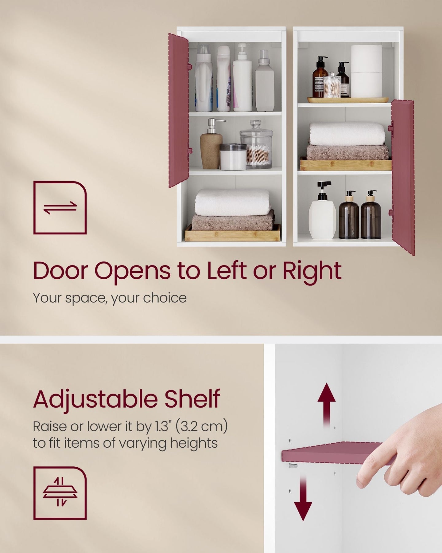 Wall-Mounted Bathroom Cabinet - MDF - Cloud White - Adjustable Door Swing Direction and Shelf
