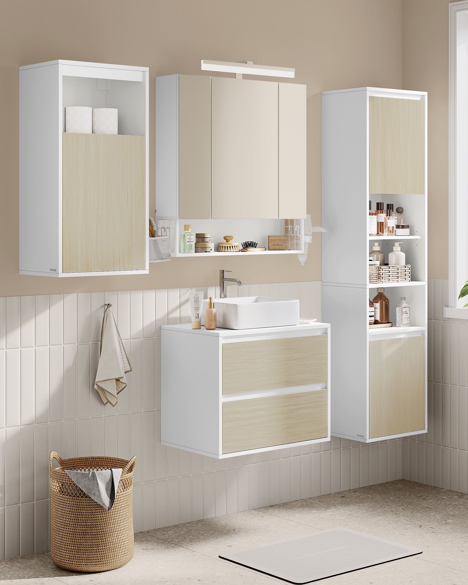 Wall-Mounted Bathroom Cabinet - Engineered Wood - Cloud White - Adjustable Shelves and Door Swing Direction