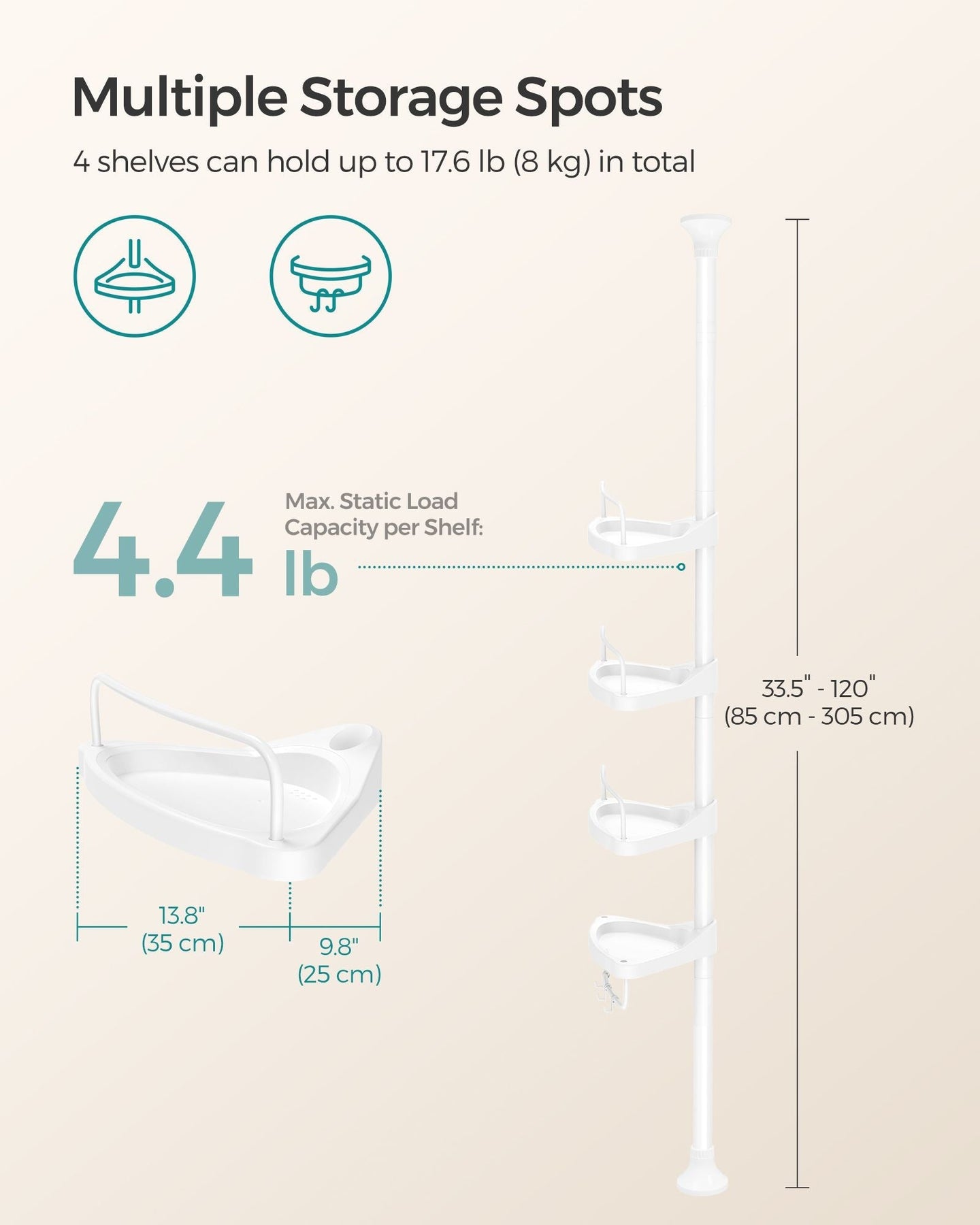 Adjustable Bathroom Corner Shelf - Metal - Silver - 4 Tier Telescopic Organizer