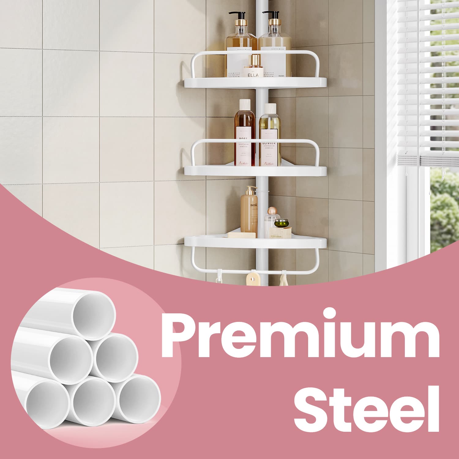 Bathroom Storage Rack - Metal - White - Adjustable 4-Tier Corner Shelf