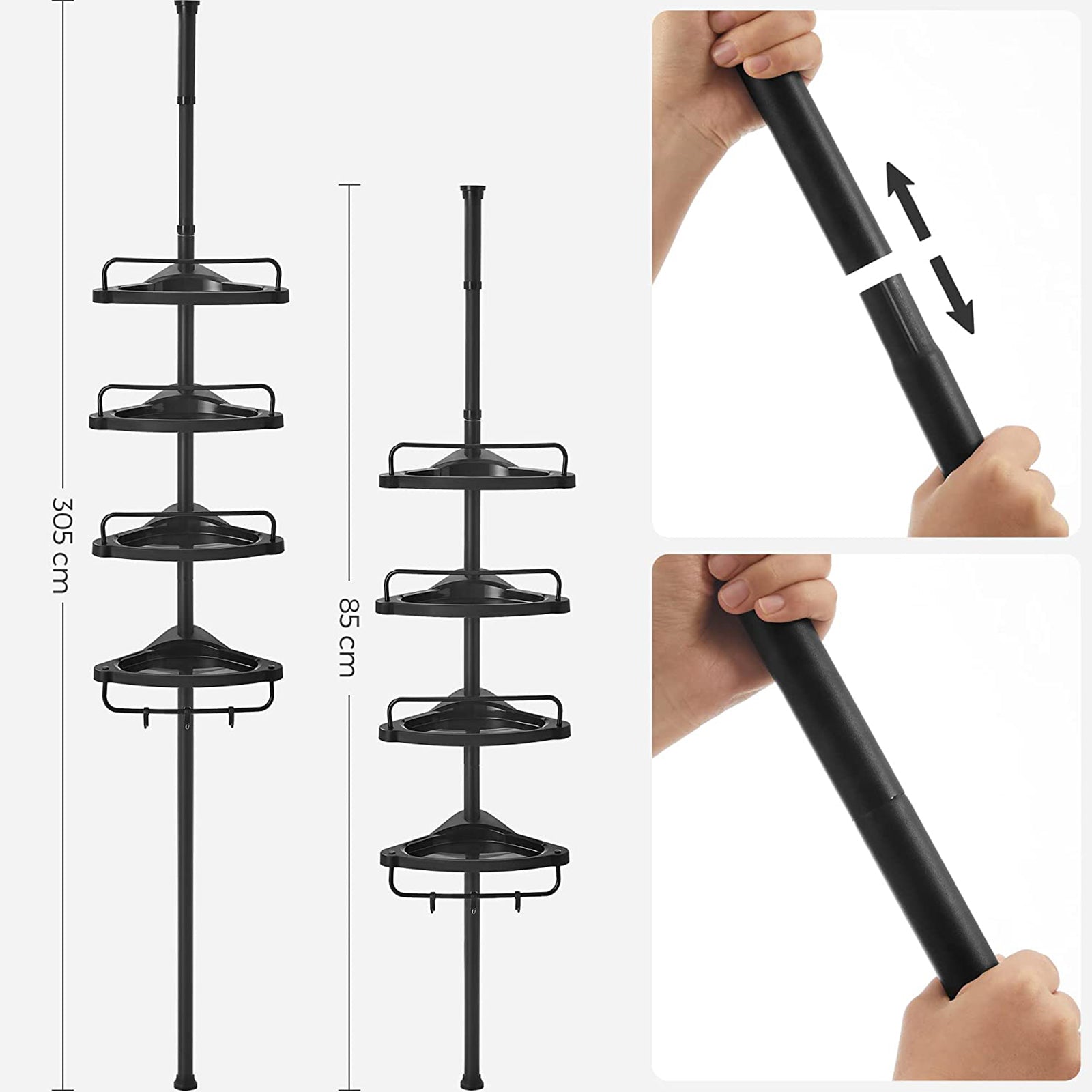 Adjustable Corner Bathroom Shelf - Telescopic 4-Tier Design - Metal - Black