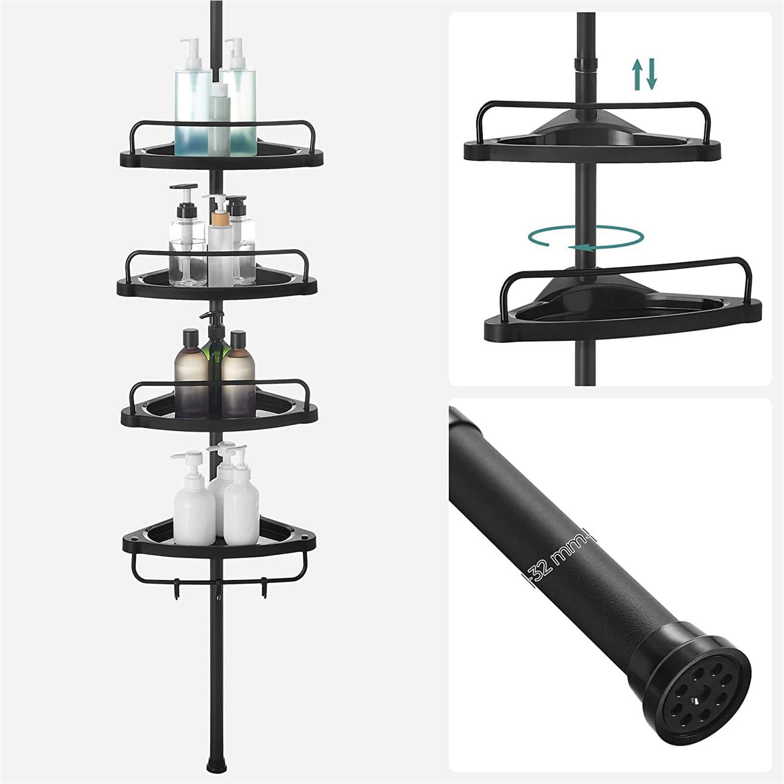 Adjustable Corner Bathroom Shelf - Telescopic 4-Tier Design - Metal - Black