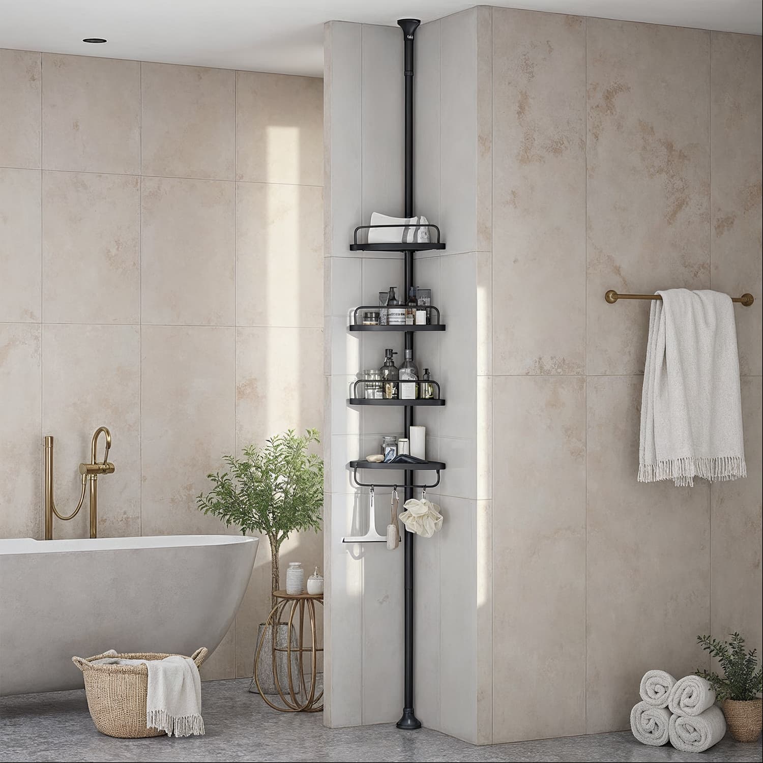 Corner Shower Shelf - Metal - Black - Adjustable 4-Tier Bathroom Organiser (85-305 cm)