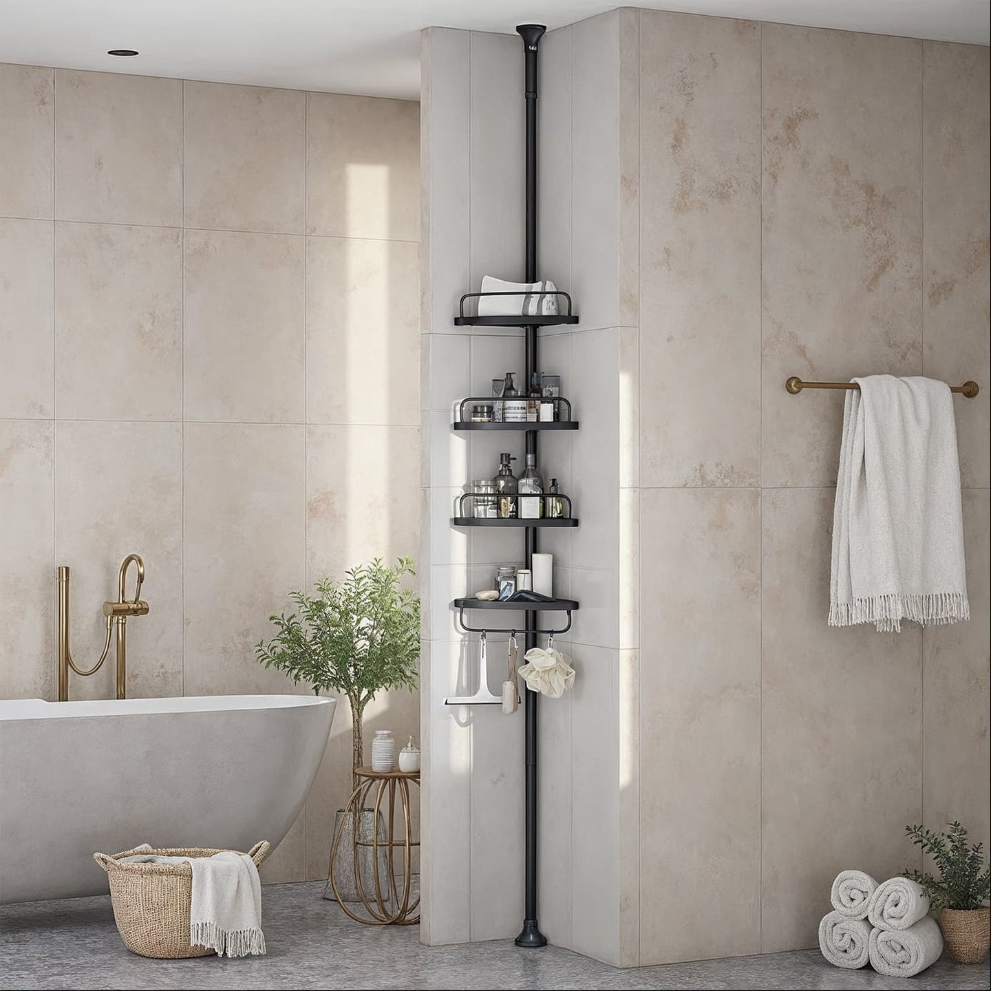 Corner Shower Shelf - Metal - Black - Adjustable 4-Tier Bathroom Organiser (85-305 cm)