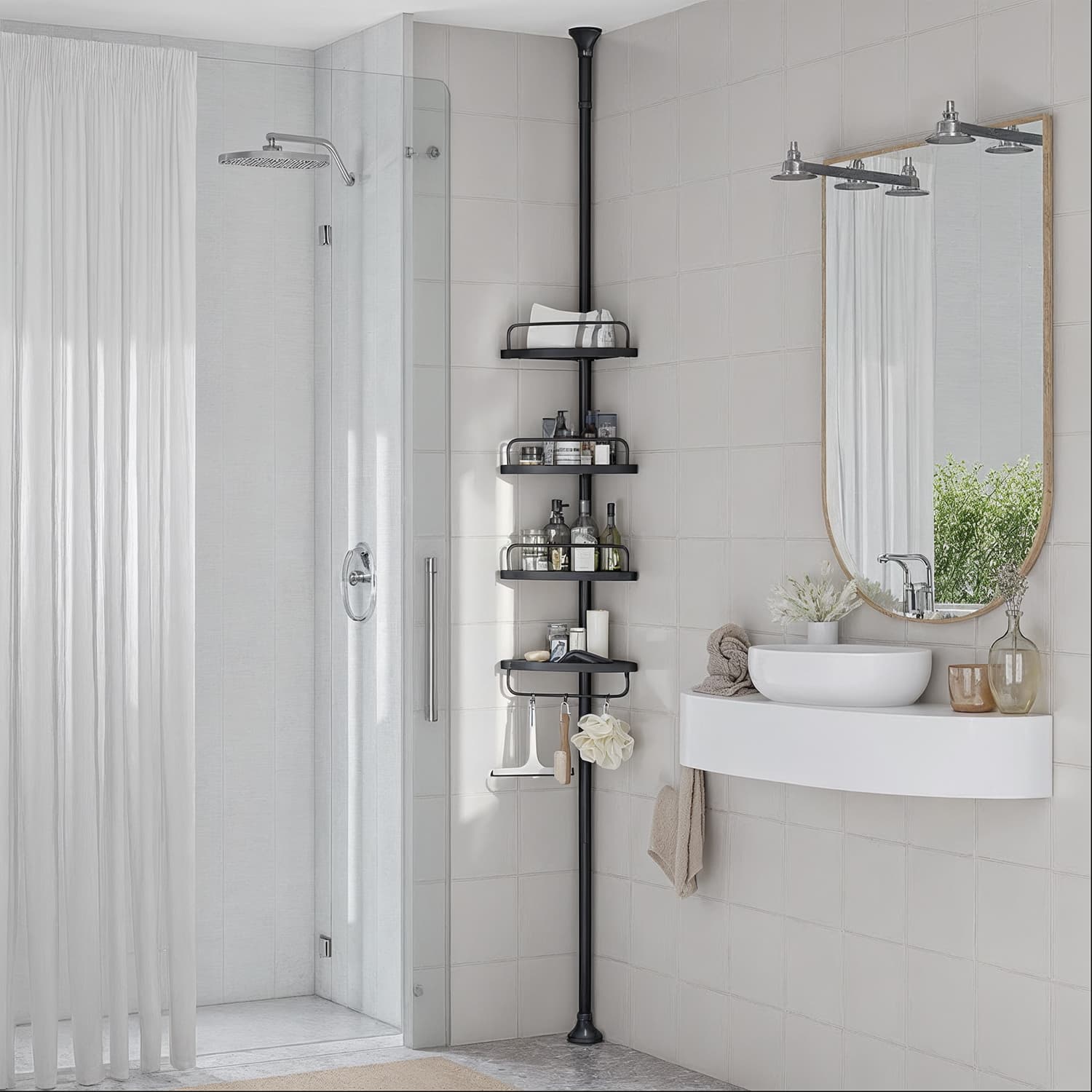 Corner Shower Shelf - Metal - Black - Adjustable 4-Tier Bathroom Organiser (85-305 cm)