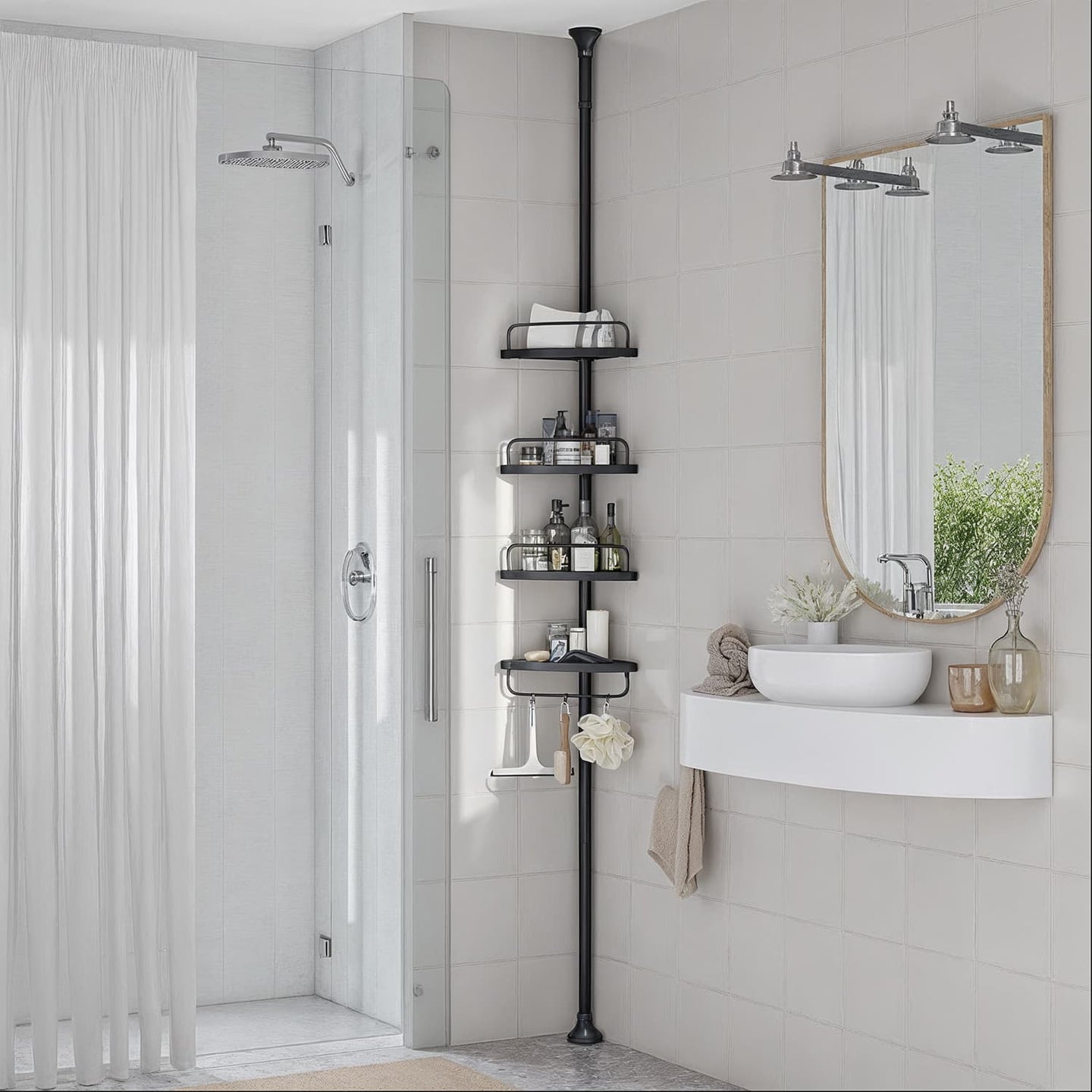 Corner Shower Shelf - Metal - Black - Adjustable 4-Tier Bathroom Organiser (85-305 cm)