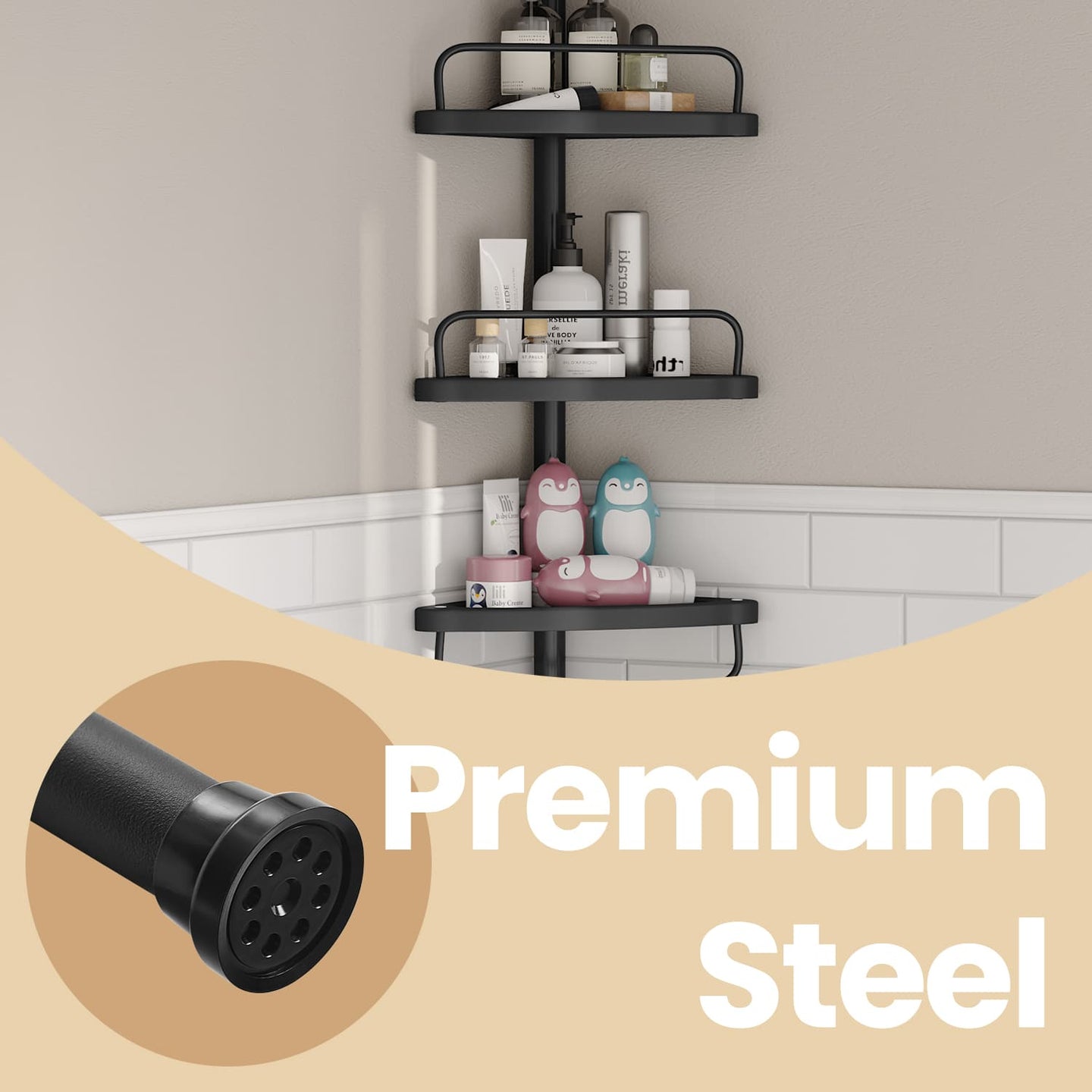 Corner Shower Shelf - Metal - Black - Adjustable 4-Tier Bathroom Organiser (85-305 cm)