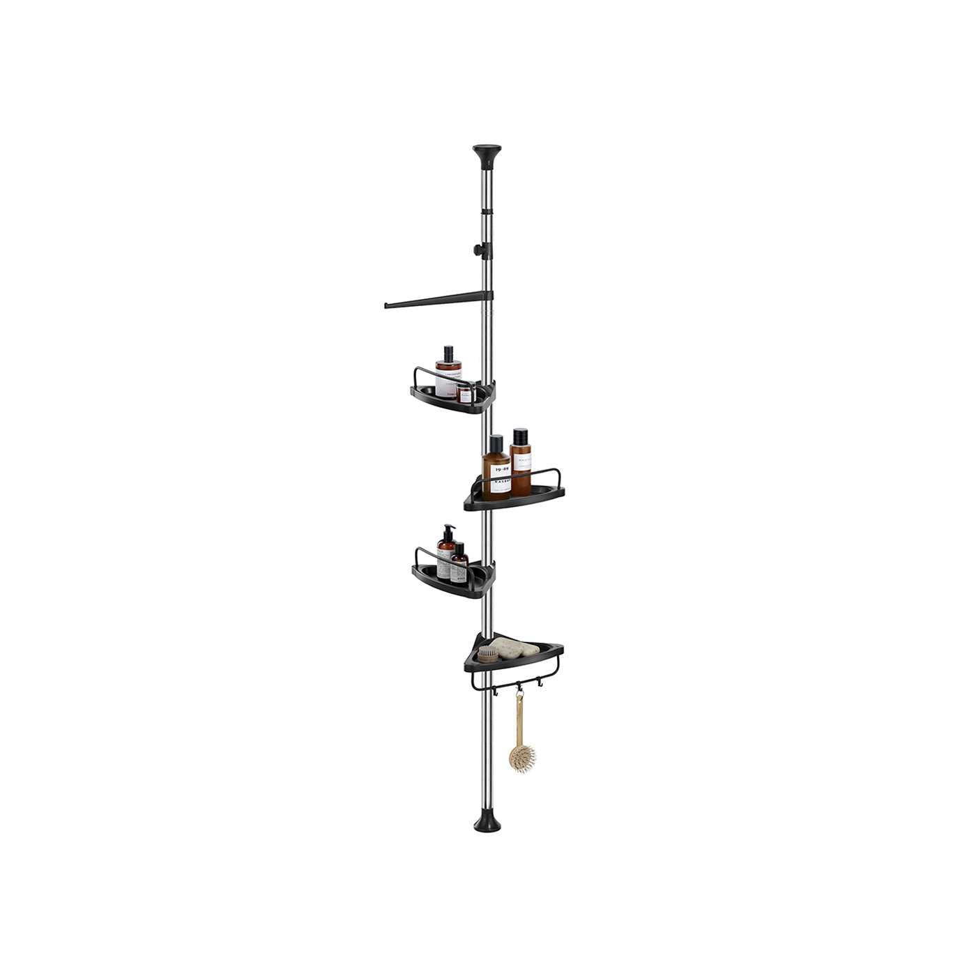 Adjustable Shower Caddy - Stainless Steel - Silver & Black - 4 Tiers with Hooks and Towel Bar