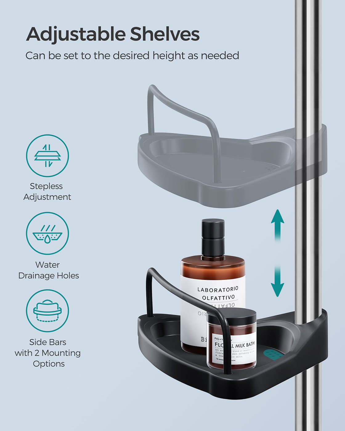 Adjustable Shower Caddy - Stainless Steel - Silver & Black - 4 Tiers with Hooks and Towel Bar