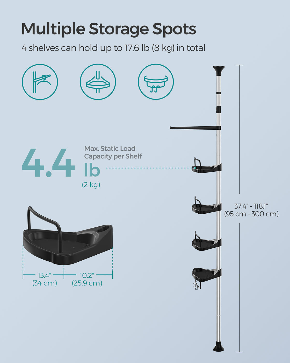 Adjustable Shower Caddy - Stainless Steel - Silver & Black - 4 Tiers with Hooks and Towel Bar