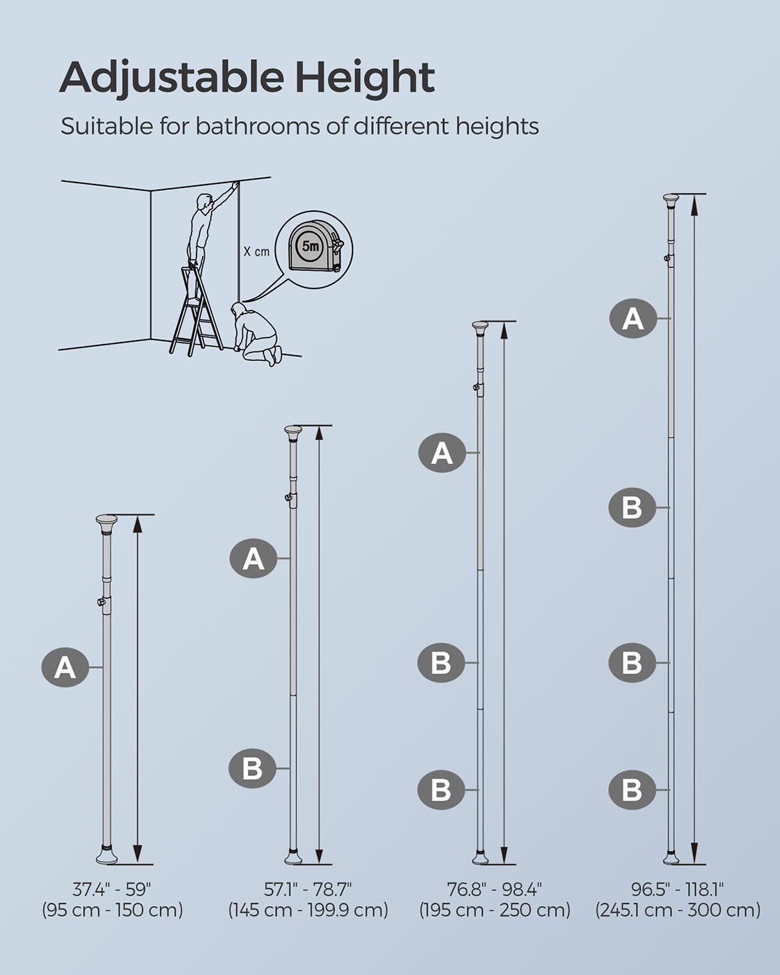 Adjustable Shower Caddy - Stainless Steel - Silver & Black - 4 Tiers with Hooks and Towel Bar