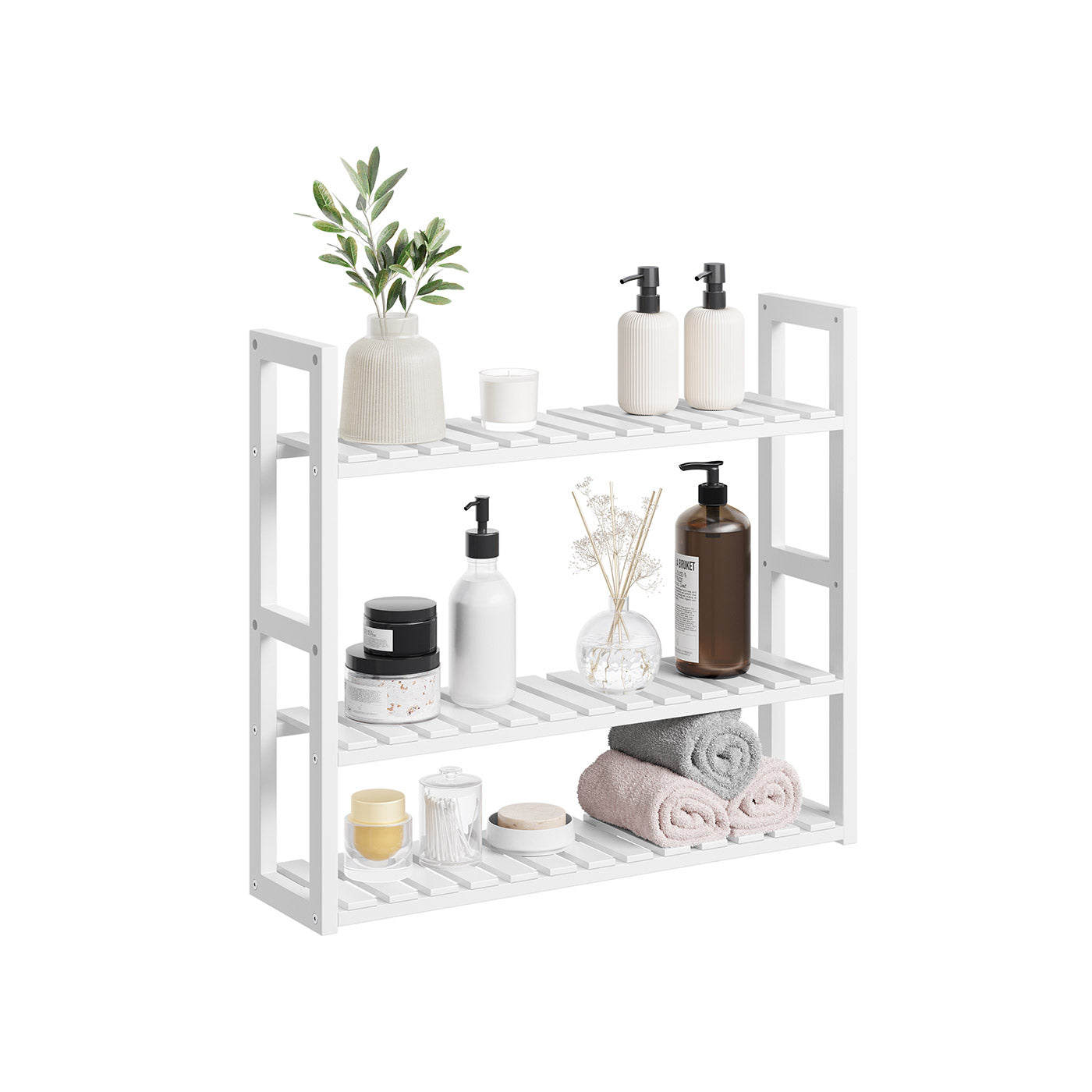 Adjustable Rack - Bamboo - White - 3-Tier Space-Saving Wall Shelf 60 x 15 x 54 cm