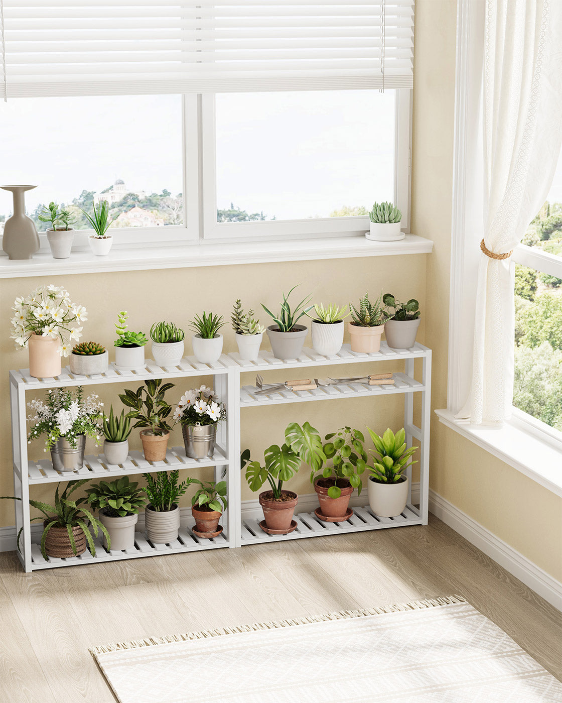 Adjustable Rack - Bamboo - White - 3-Tier Space-Saving Wall Shelf 60 x 15 x 54 cm