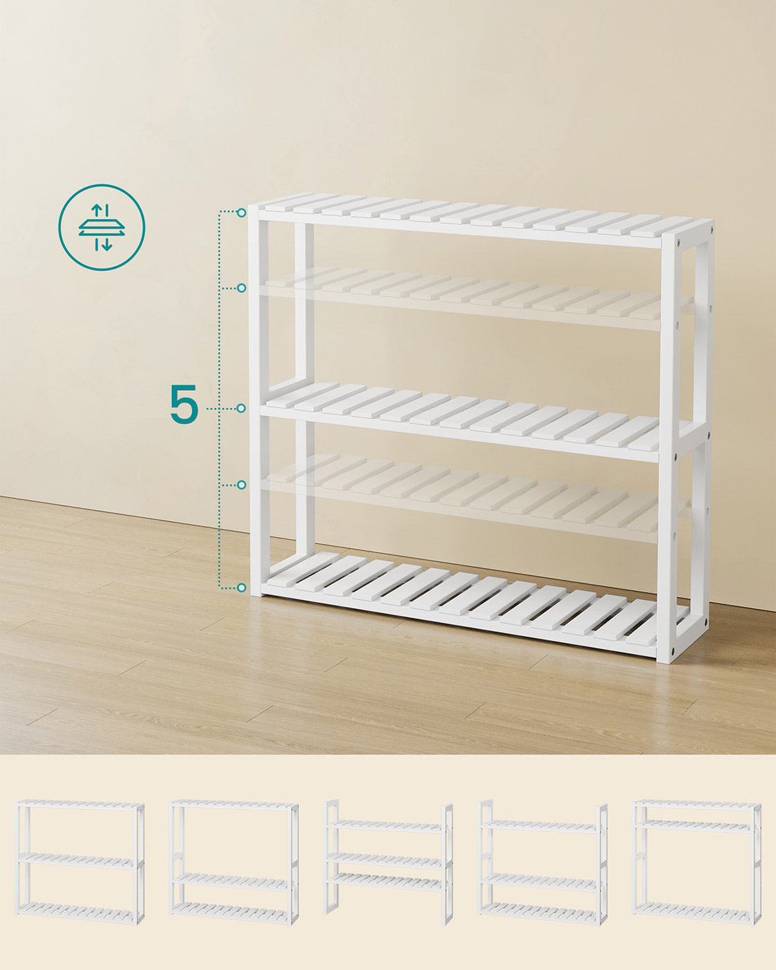 Adjustable Rack - Bamboo - White - 3-Tier Space-Saving Wall Shelf 60 x 15 x 54 cm