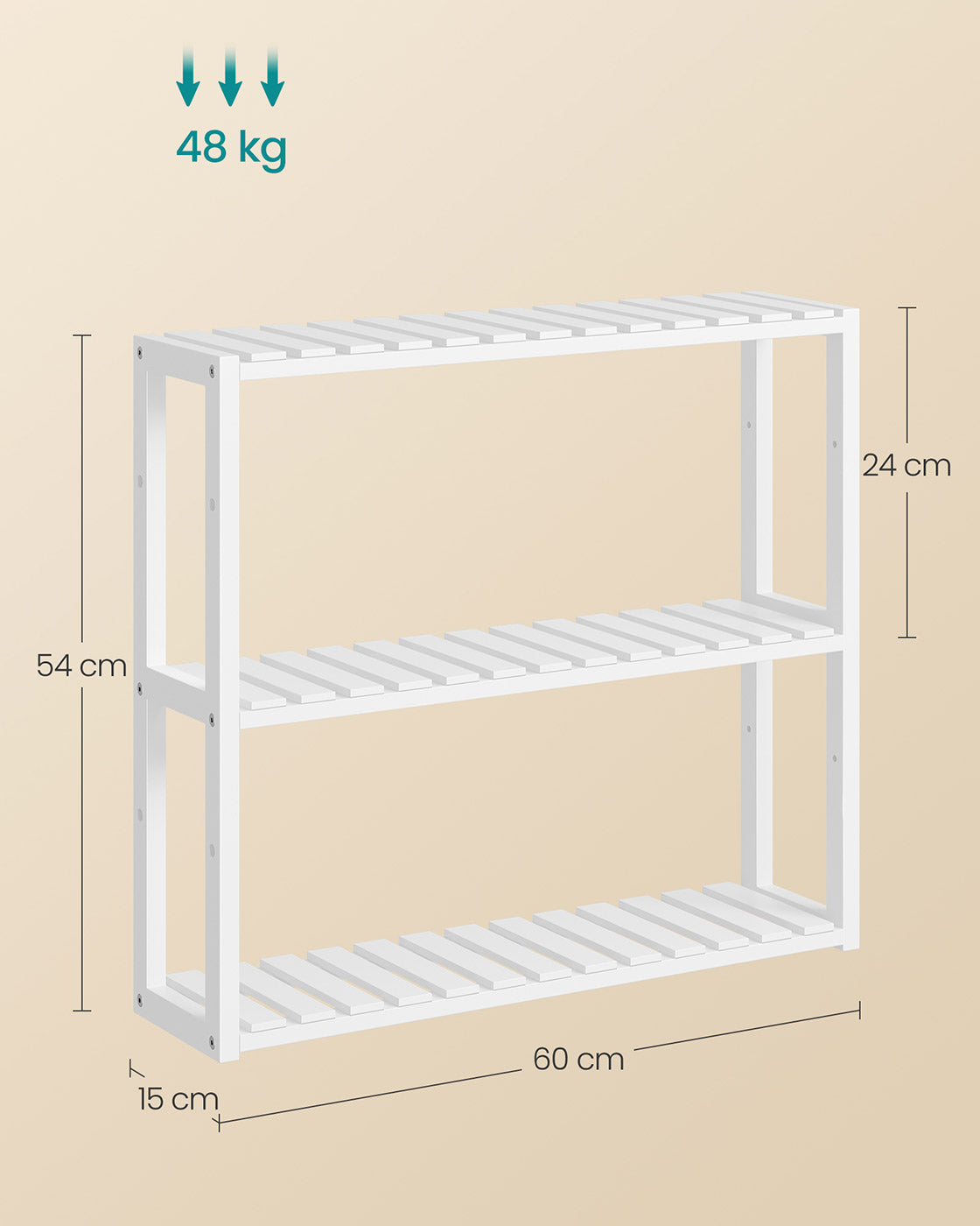 Adjustable Rack - Bamboo - White - 3-Tier Space-Saving Wall Shelf 60 x 15 x 54 cm