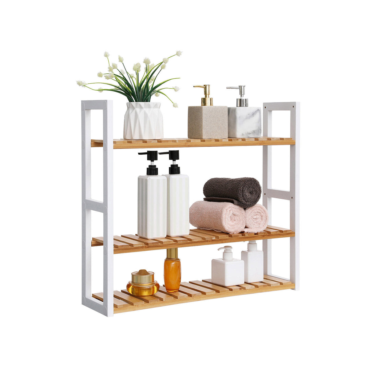 3-Tier Adjustable Bathroom Shelf - Bamboo - White