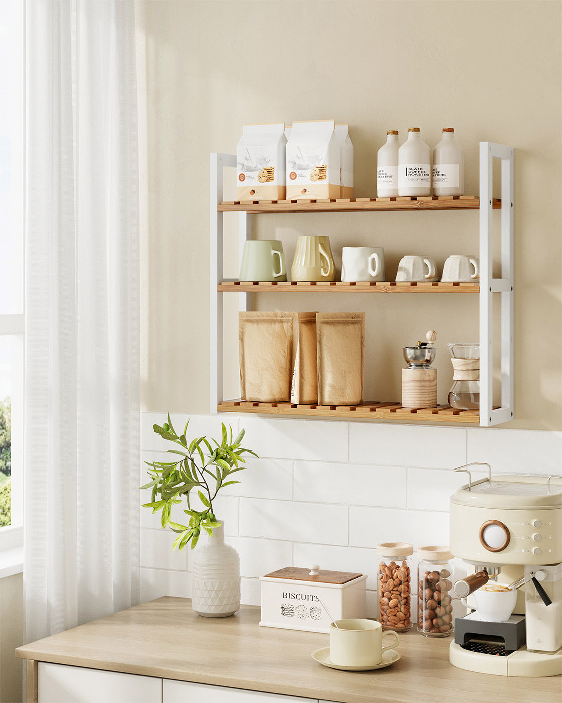 3-Tier Adjustable Bathroom Shelf - Bamboo - White