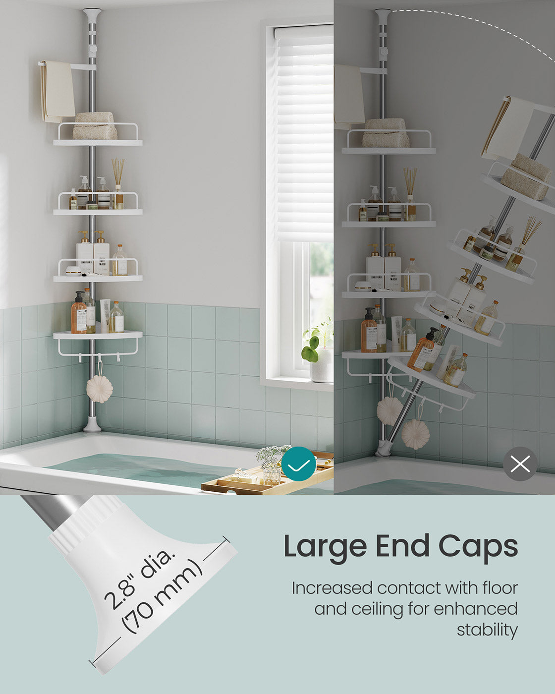 Adjustable Corner Shower Caddy - Stainless Steel - White and Silver - Telescopic with 4 Trays