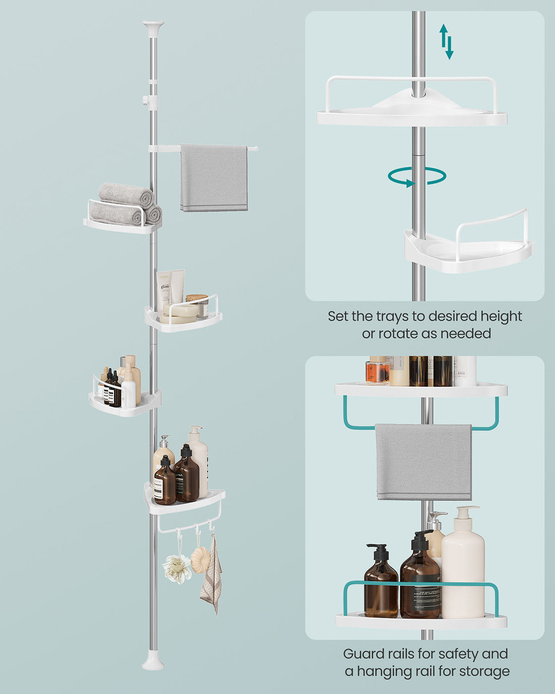 Adjustable Corner Shower Caddy - Stainless Steel - White and Silver - Telescopic with 4 Trays