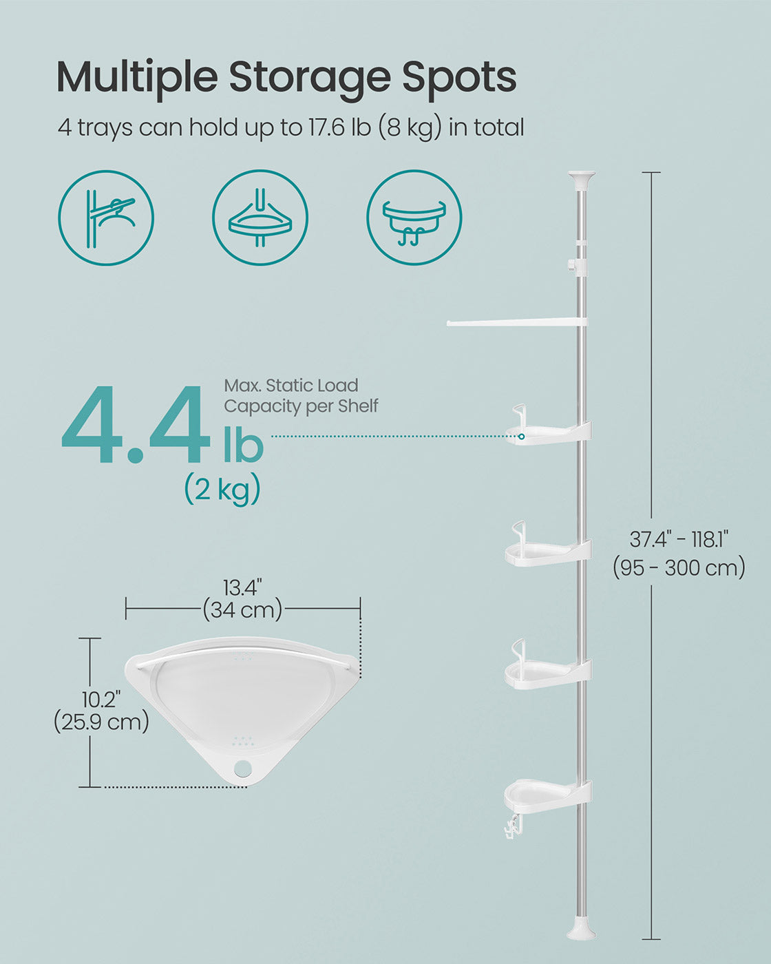 Adjustable Corner Shower Caddy - Stainless Steel - White and Silver - Telescopic with 4 Trays