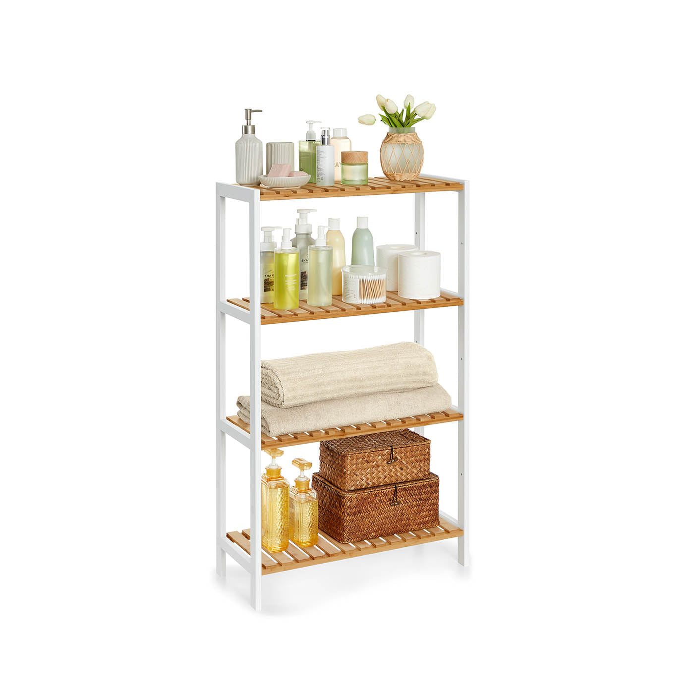 4-Tier Shelving Unit - Bamboo - White and Natural - Multifunctional