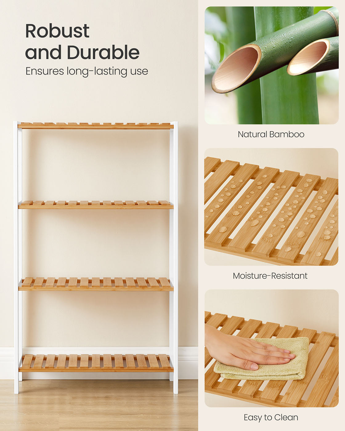 4-Tier Shelving Unit - Bamboo - White and Natural - Multifunctional