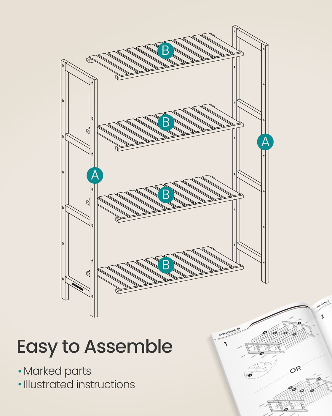 4-Tier Shelving Unit - Bamboo - White and Natural - Multifunctional