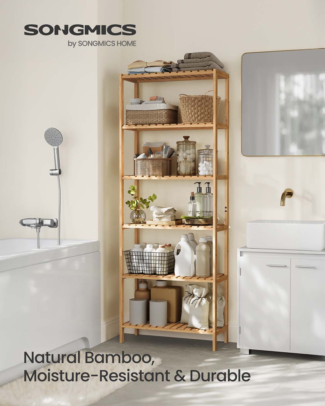 Bamboo Storage Shelf - Natural Beige - Six-Tier Multifunctional Unit