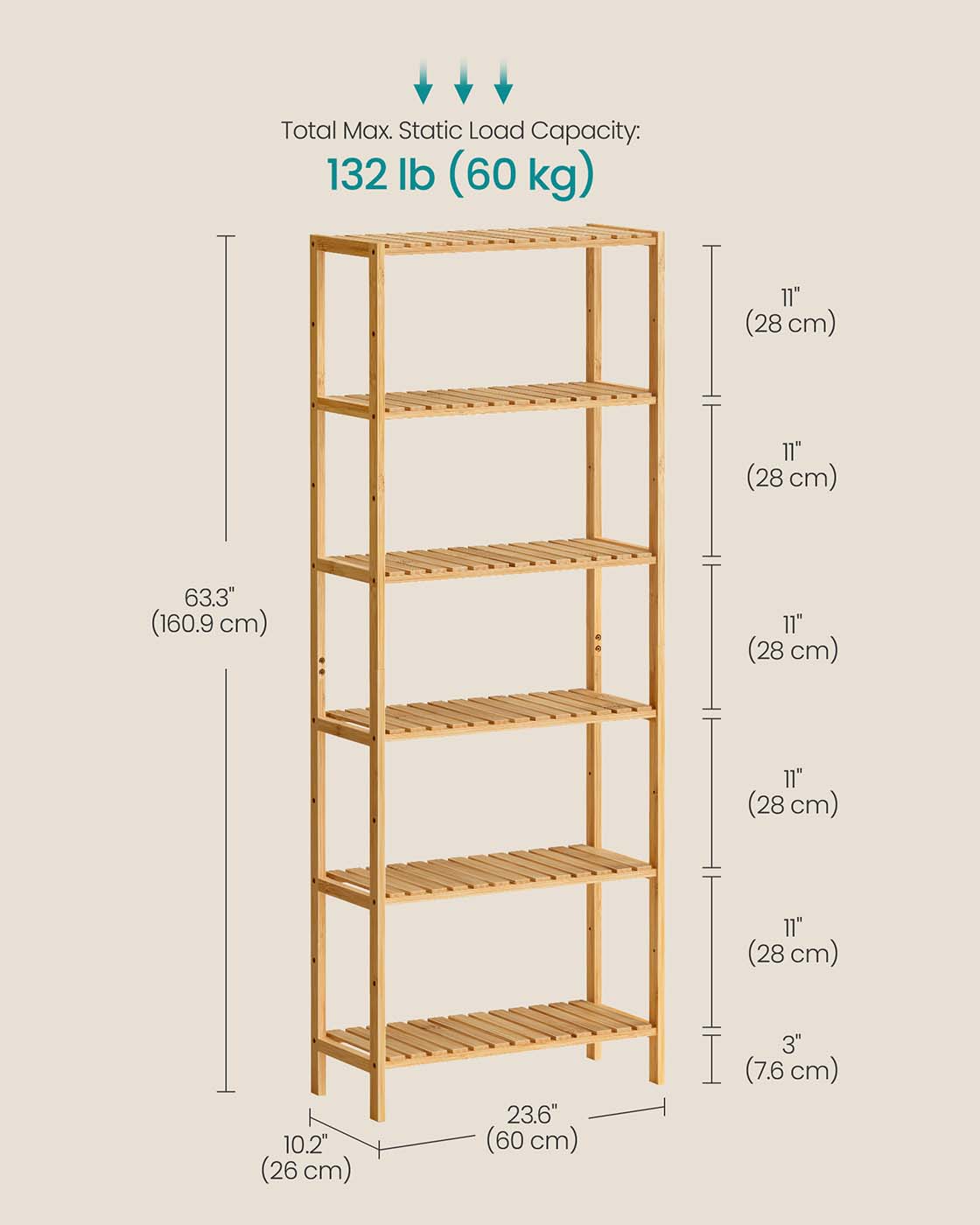 Bamboo Storage Shelf - Natural Beige - Six-Tier Multifunctional Unit
