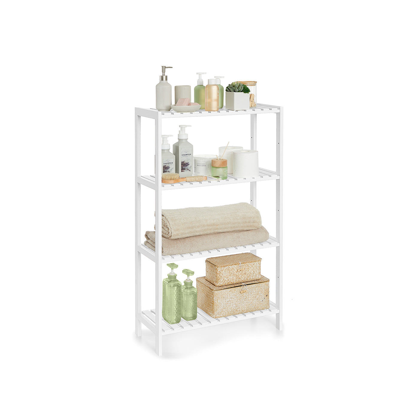 4-Tier Bamboo Storage Shelf - 26 x 60 x 100 cm - White - Bathroom