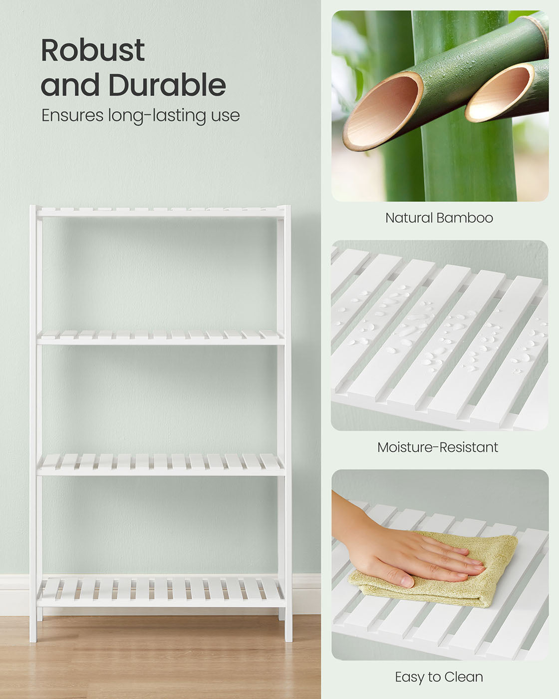 4-Tier Bamboo Storage Shelf - 26 x 60 x 100 cm - White - Bathroom
