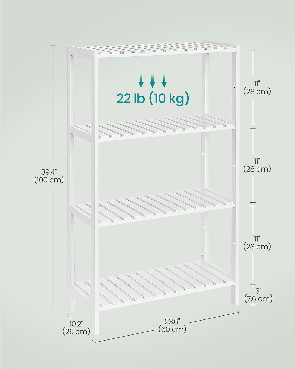 4-Tier Bamboo Storage Shelf - 26 x 60 x 100 cm - White - Bathroom