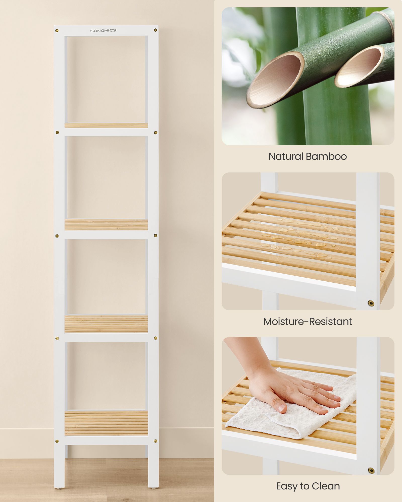 5-Tier Bathroom Shelf - Bamboo - Cloud White - Narrow Space Design