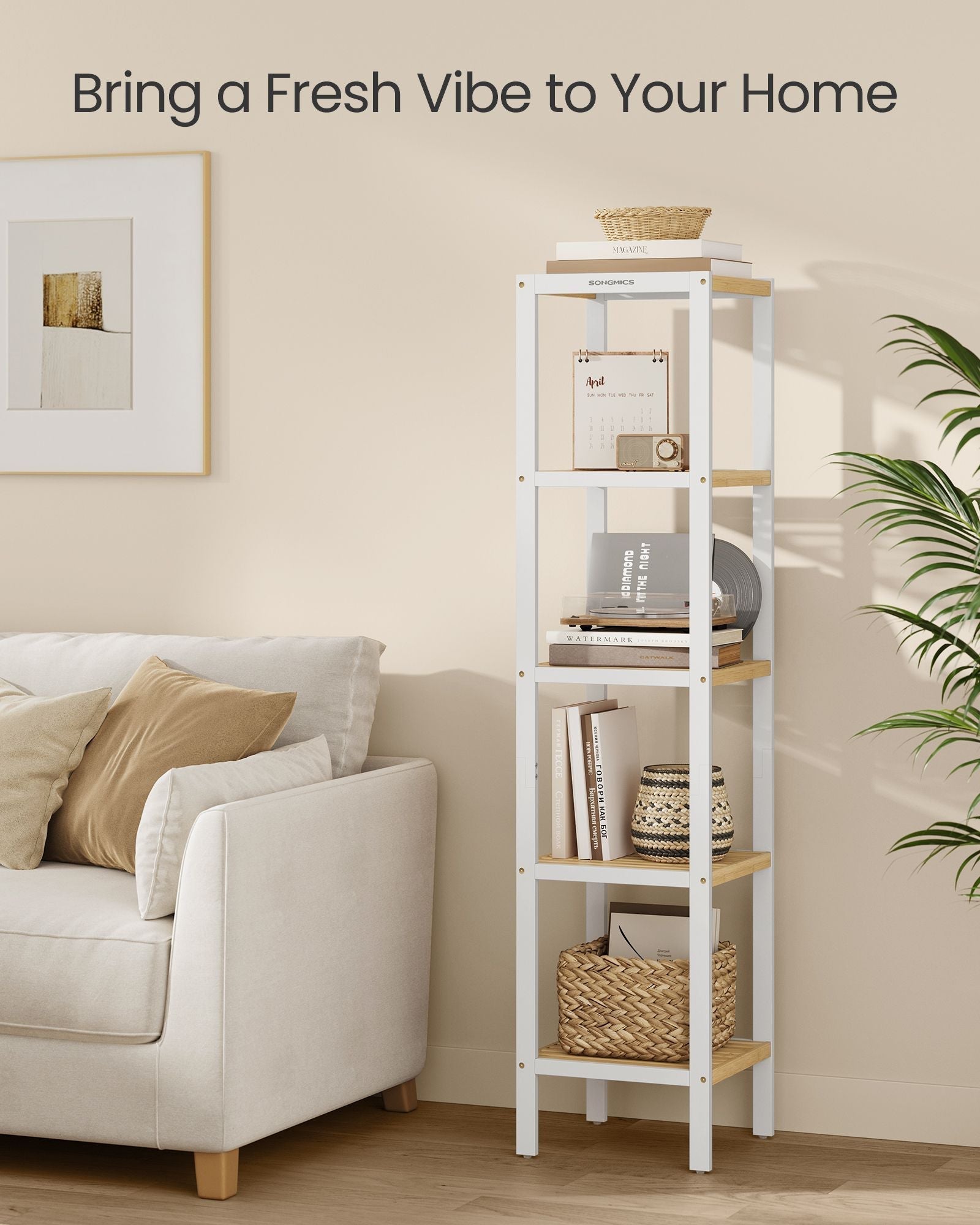 5-Tier Bathroom Shelf - Bamboo - Cloud White - Narrow Space Design
