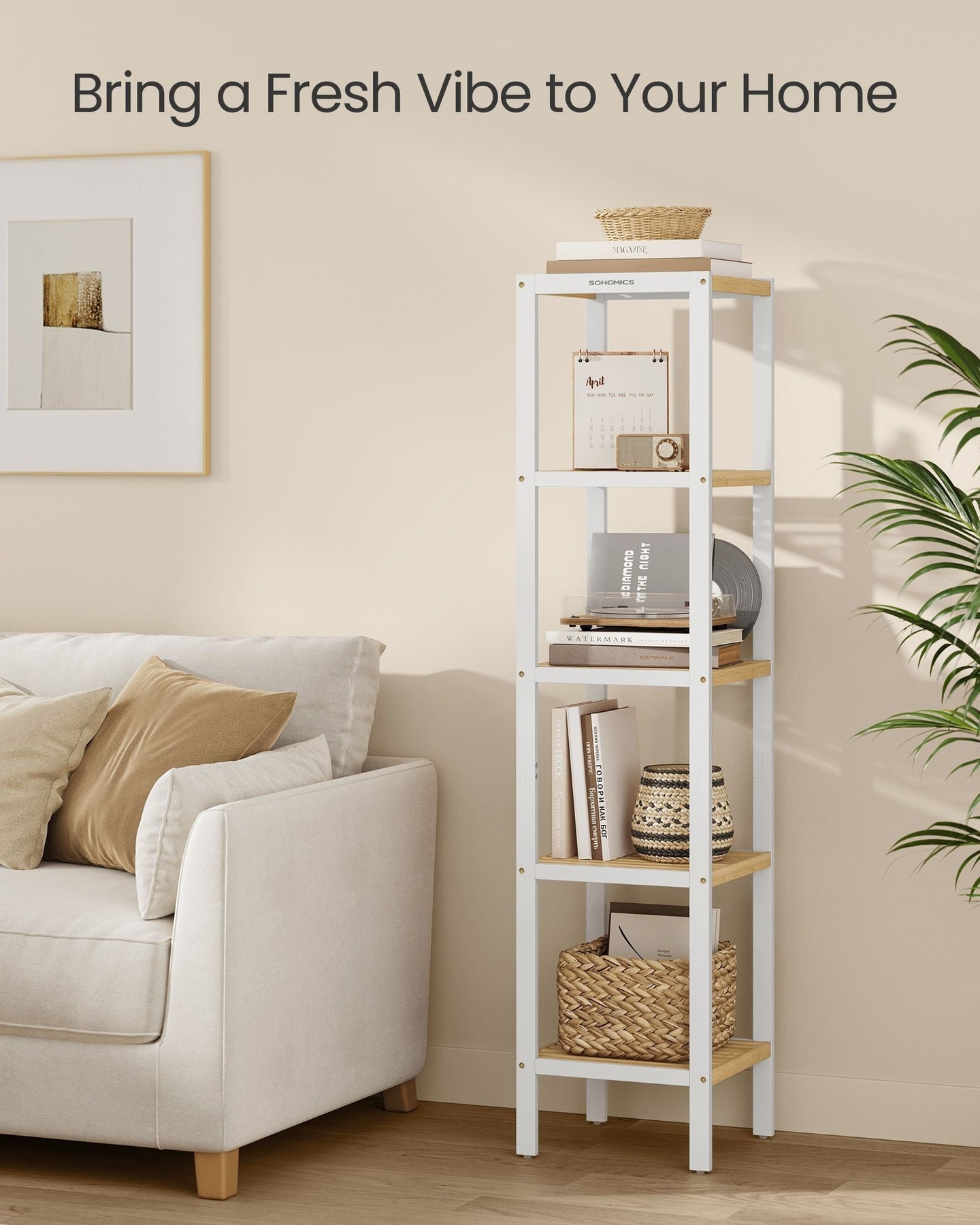 5-Tier Bathroom Shelf - Bamboo - Cloud White - Narrow Space Design