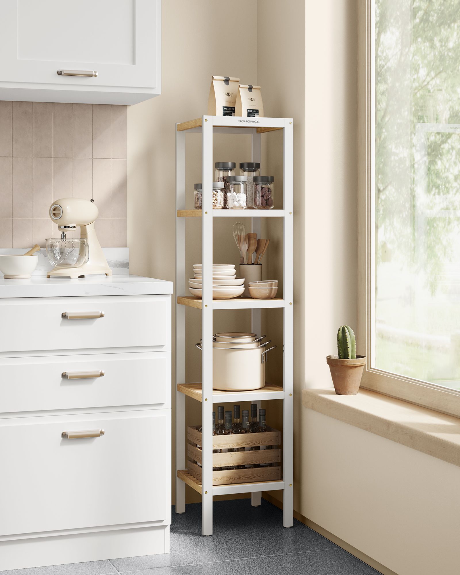 5-Tier Bathroom Shelf - Bamboo - Cloud White - Narrow Space Design