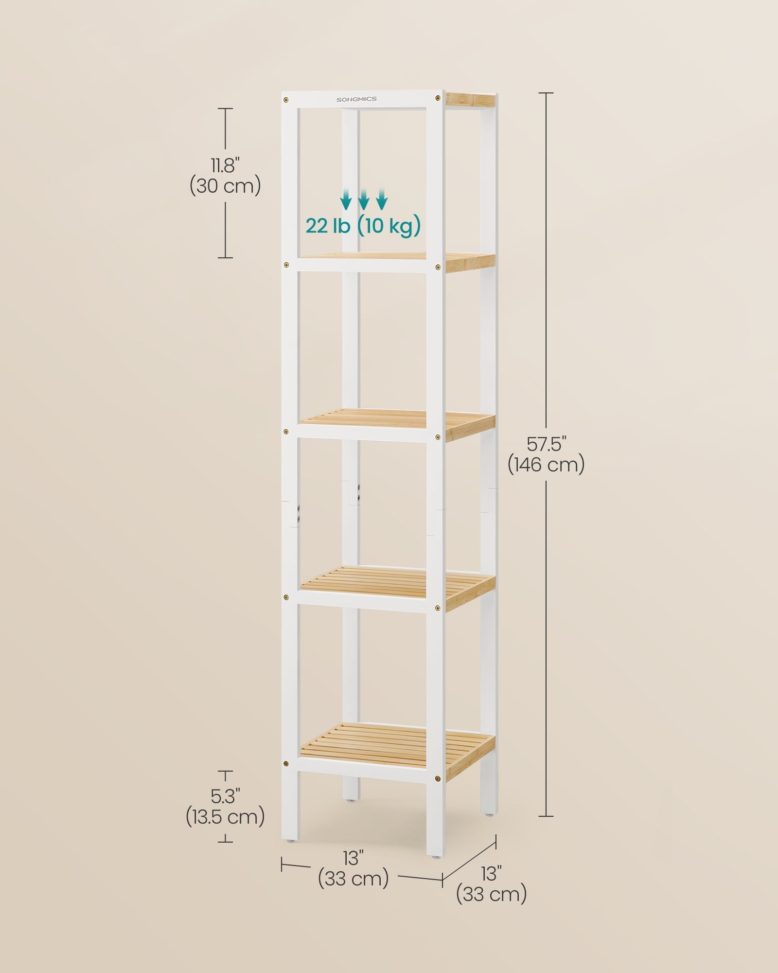 5-Tier Bathroom Shelf - Bamboo - Cloud White - Narrow Space Design