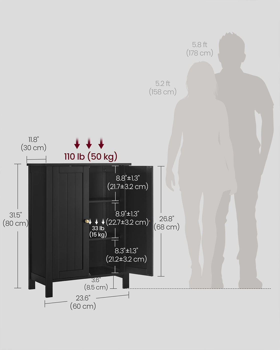 Bathroom Cabinet - Wood - Ink Black - Freestanding with Adjustable Shelves